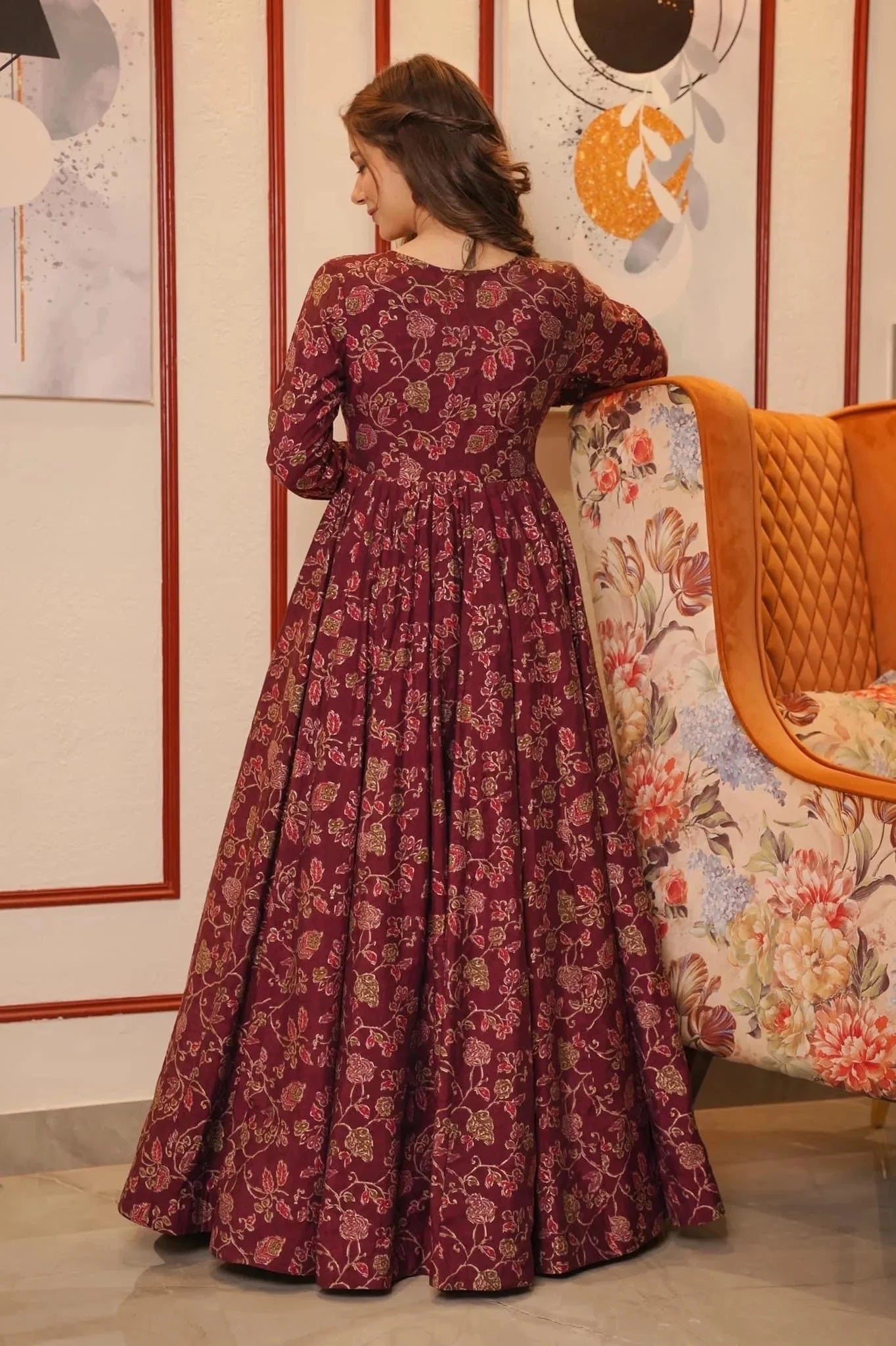 Digital Print Full Flare Shrug Set Gown for Women Clothsvilla
