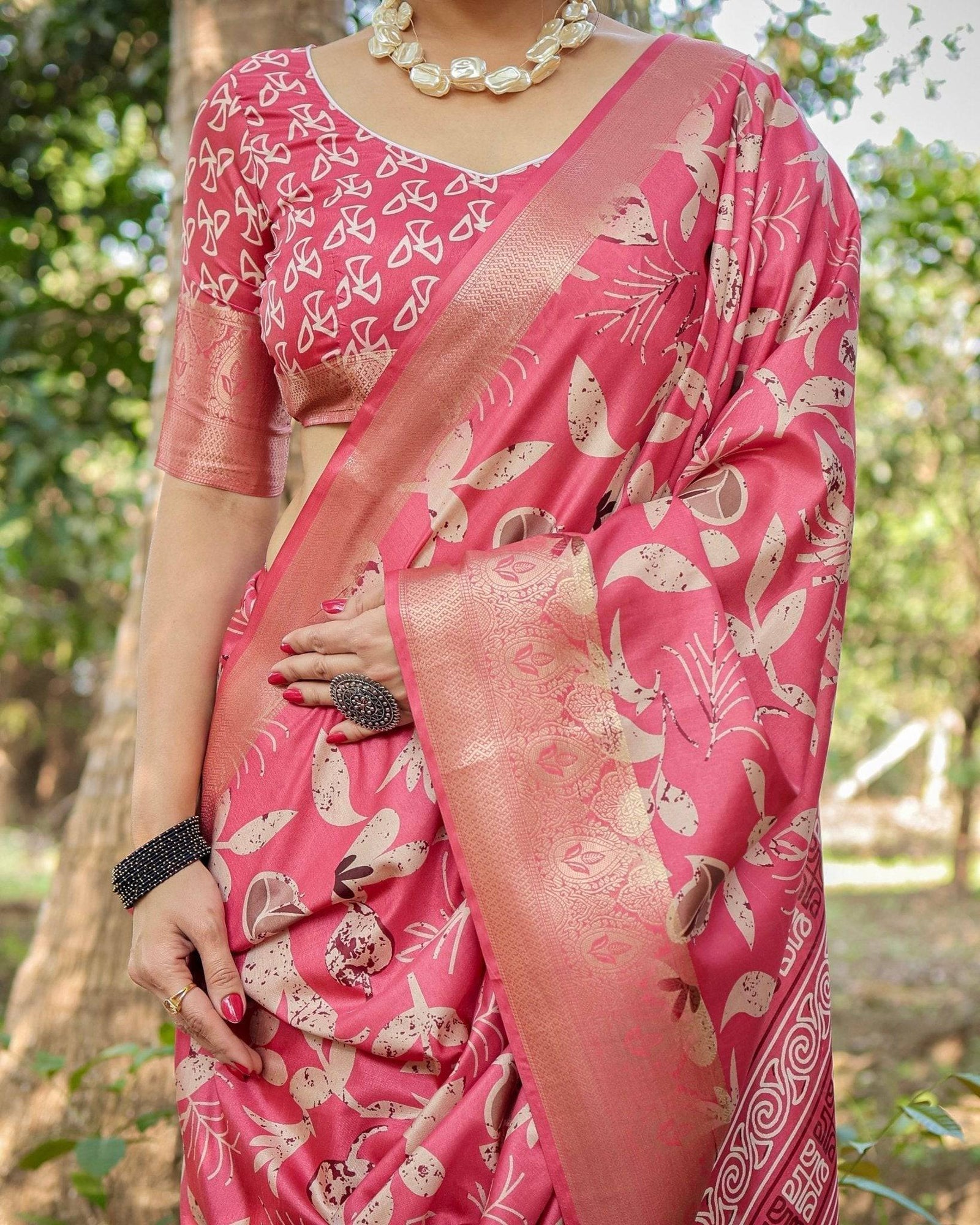 Vibrant Pink Tussar Silk Saree with Intricate Zari Border and Modern Floral Pallu DIGITAL PRINT