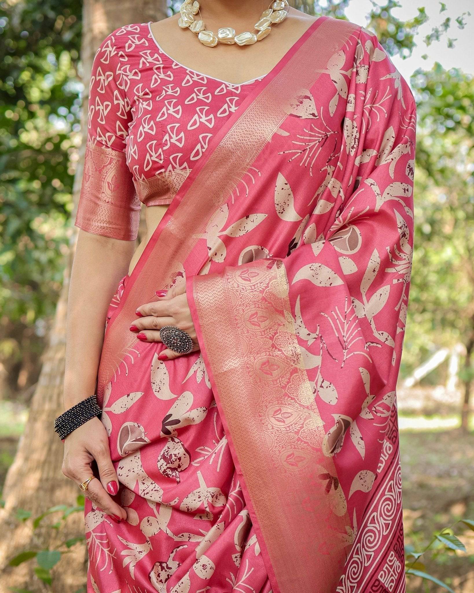 Vibrant Pink Tussar Silk Saree with Intricate Zari Border and Modern Floral Pallu DIGITAL PRINT
