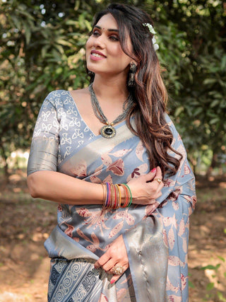 Stylish Sky Blue Tussar Silk Saree with Beige and Gold Zari Work and Contemporary Pallu Design DIGITAL PRINT