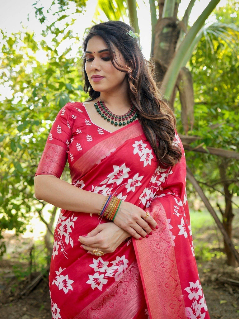 Graceful Red Tussar Silk Saree with White Floral Design and Zari Border DIGITAL PRINT