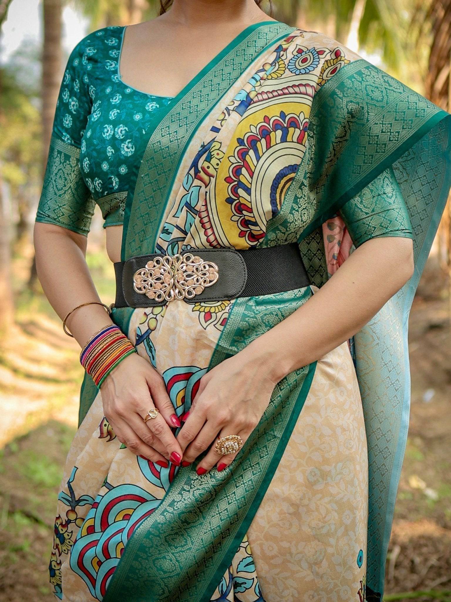 Elegant Tussar Silk Saree in Beige and Coral with Madhubani Pallu and Zari Accents DIGITAL PRINT