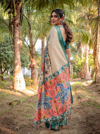 Elegant Tussar Silk Saree in Beige and Coral with Madhubani Pallu and Zari Accents DIGITAL PRINT