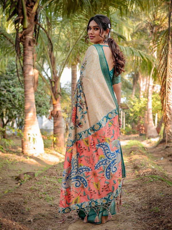 Elegant Tussar Silk Saree in Beige and Coral with Madhubani Pallu and Zari Accents DIGITAL PRINT