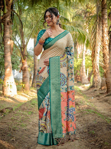 Elegant Tussar Silk Saree in Beige and Coral with Madhubani Pallu and Zari Accents DIGITAL PRINT