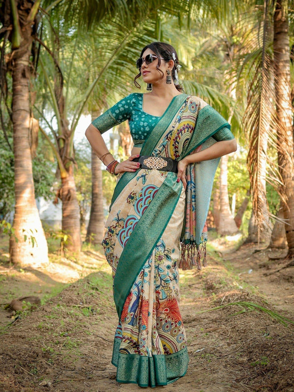 Elegant Tussar Silk Saree in Beige and Coral with Madhubani Pallu and Zari Accents DIGITAL PRINT