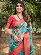 Load image into Gallery viewer, Aqua Blue Tussar Silk Saree with Vibrant Nature-Inspired Prints and Red Zari Border DIGITAL PRINT