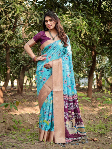 Aqua Blue Tussar Silk Saree with Floral Vine Design and Gold Zari Border DIGITAL PRINT
