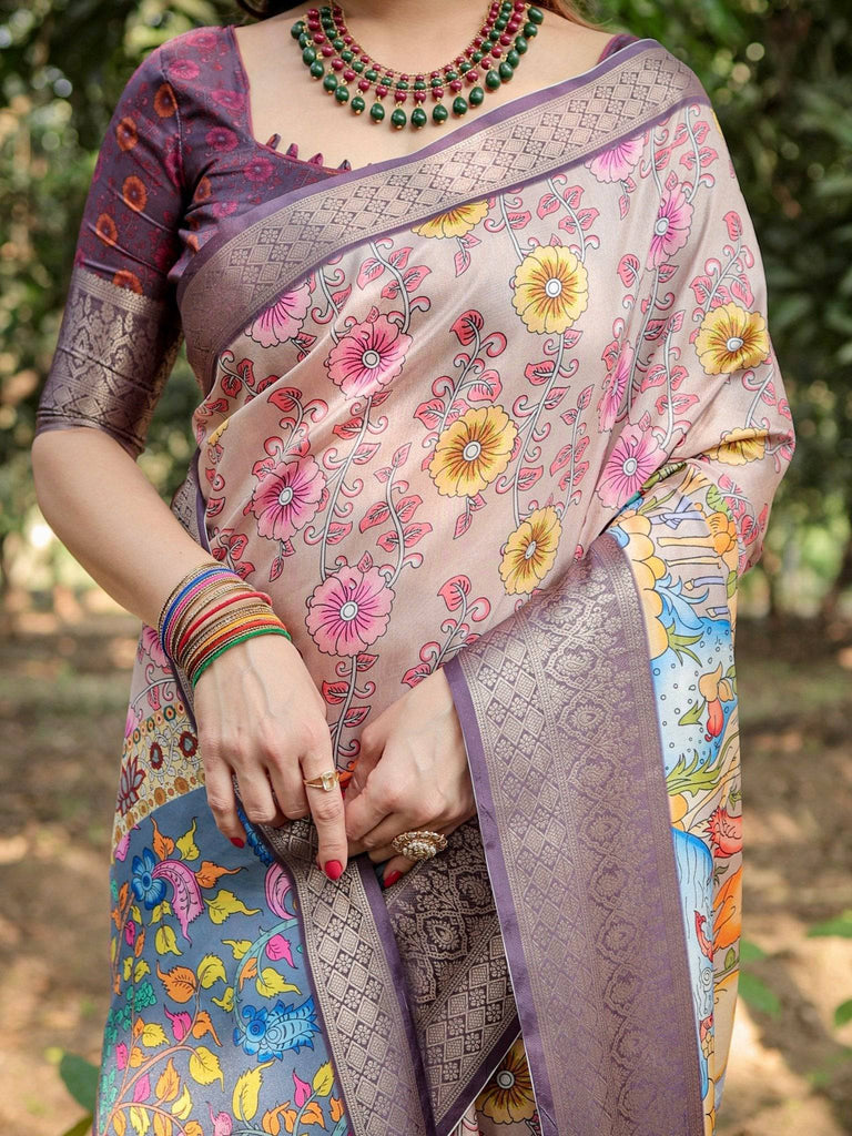 Pastel Beige Tussar Silk Saree with Vibrant Floral Motifs and Zari Border DIGITAL PRINT