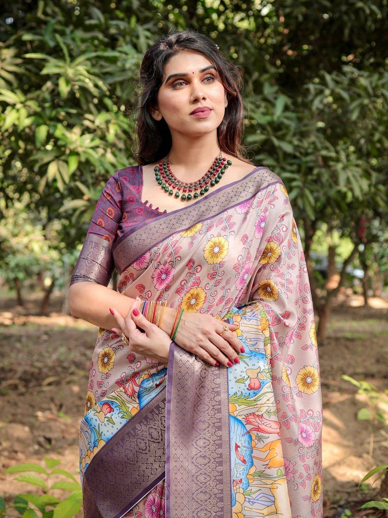 Pastel Beige Tussar Silk Saree with Vibrant Floral Motifs and Zari Border DIGITAL PRINT