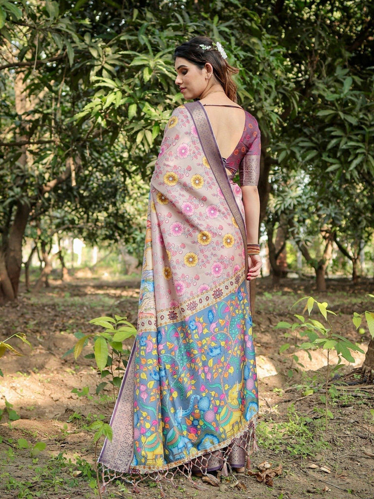 Pastel Beige Tussar Silk Saree with Vibrant Floral Motifs and Zari Border DIGITAL PRINT