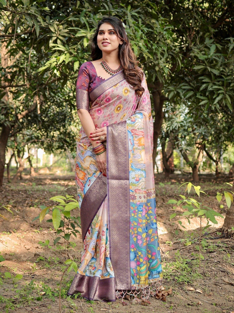 Pastel Beige Tussar Silk Saree with Vibrant Floral Motifs and Zari Border DIGITAL PRINT