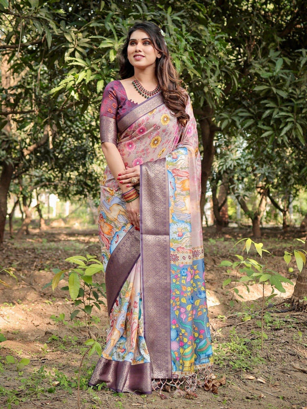 Pastel Beige Tussar Silk Saree with Vibrant Floral Motifs and Zari Border DIGITAL PRINT