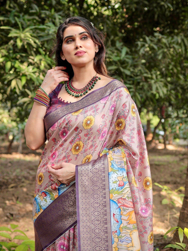 Pastel Beige Tussar Silk Saree with Vibrant Floral Motifs and Zari Border DIGITAL PRINT
