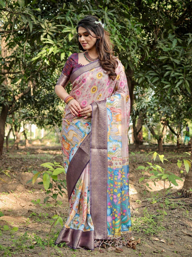 Pastel Beige Tussar Silk Saree with Vibrant Floral Motifs and Zari Border DIGITAL PRINT