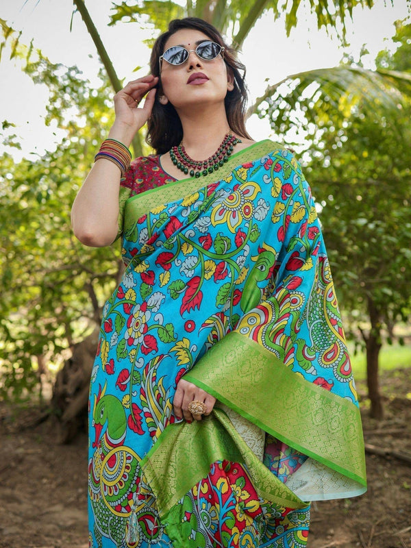 Vibrant Peacock Motif Blue and Green Tussar Silk Saree with Zari Border DIGITAL PRINT