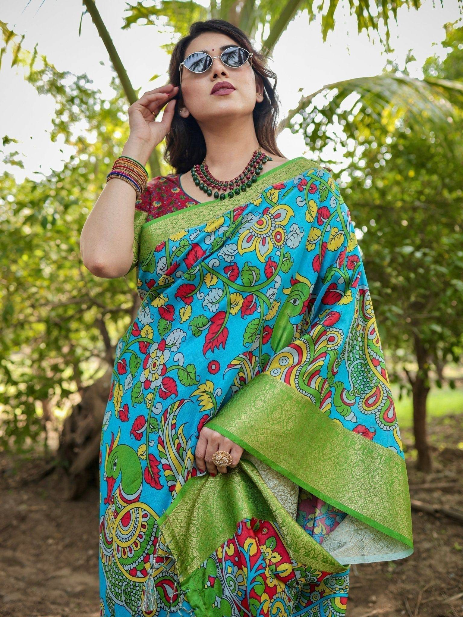 Vibrant Peacock Motif Blue and Green Tussar Silk Saree with Zari Border DIGITAL PRINT