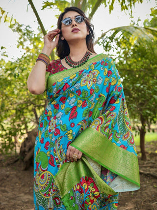 Vibrant Peacock Motif Blue and Green Tussar Silk Saree with Zari Border DIGITAL PRINT