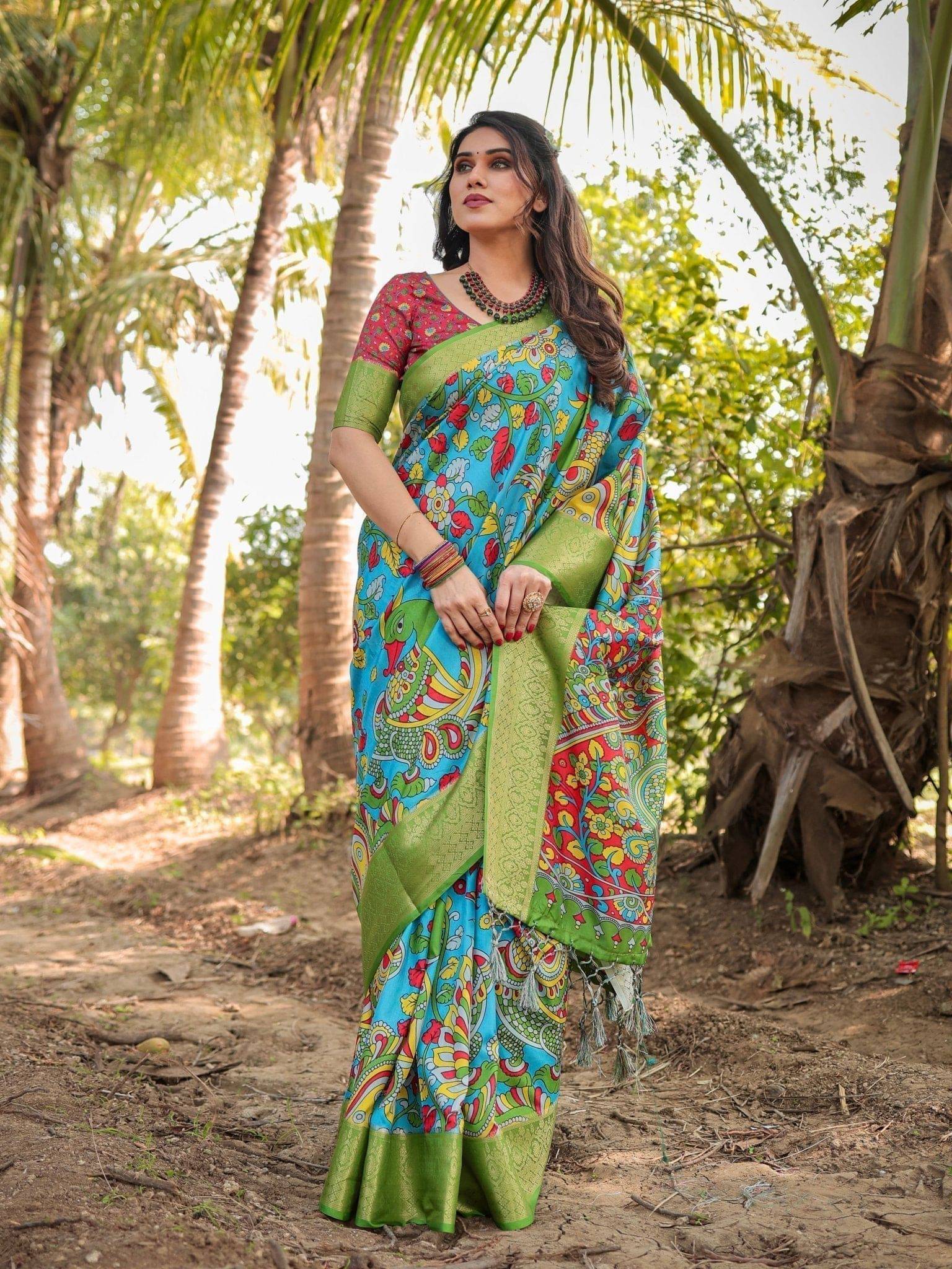 Vibrant Peacock Motif Blue and Green Tussar Silk Saree with Zari Border DIGITAL PRINT