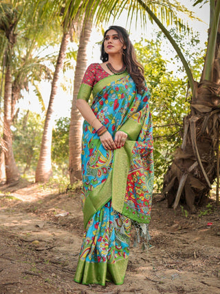Vibrant Peacock Motif Blue and Green Tussar Silk Saree with Zari Border DIGITAL PRINT