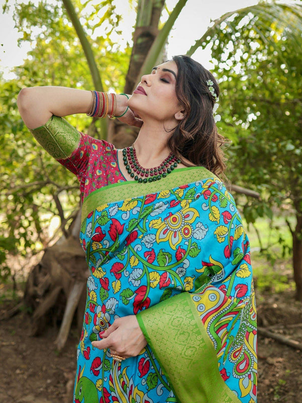 Vibrant Peacock Motif Blue and Green Tussar Silk Saree with Zari Border DIGITAL PRINT
