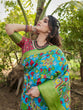 Load image into Gallery viewer, Vibrant Peacock Motif Blue and Green Tussar Silk Saree with Zari Border DIGITAL PRINT