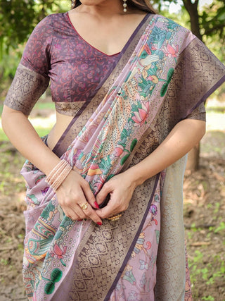 Lilac and Purple Digital Print Tussar Silk Saree with Zari Diamond Border and Lotus Motif Pallu DIGITAL PRINT