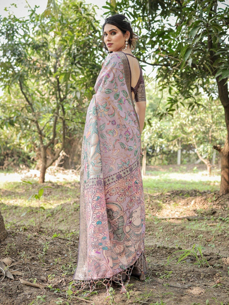 Lilac and Purple Digital Print Tussar Silk Saree with Zari Diamond Border and Lotus Motif Pallu DIGITAL PRINT