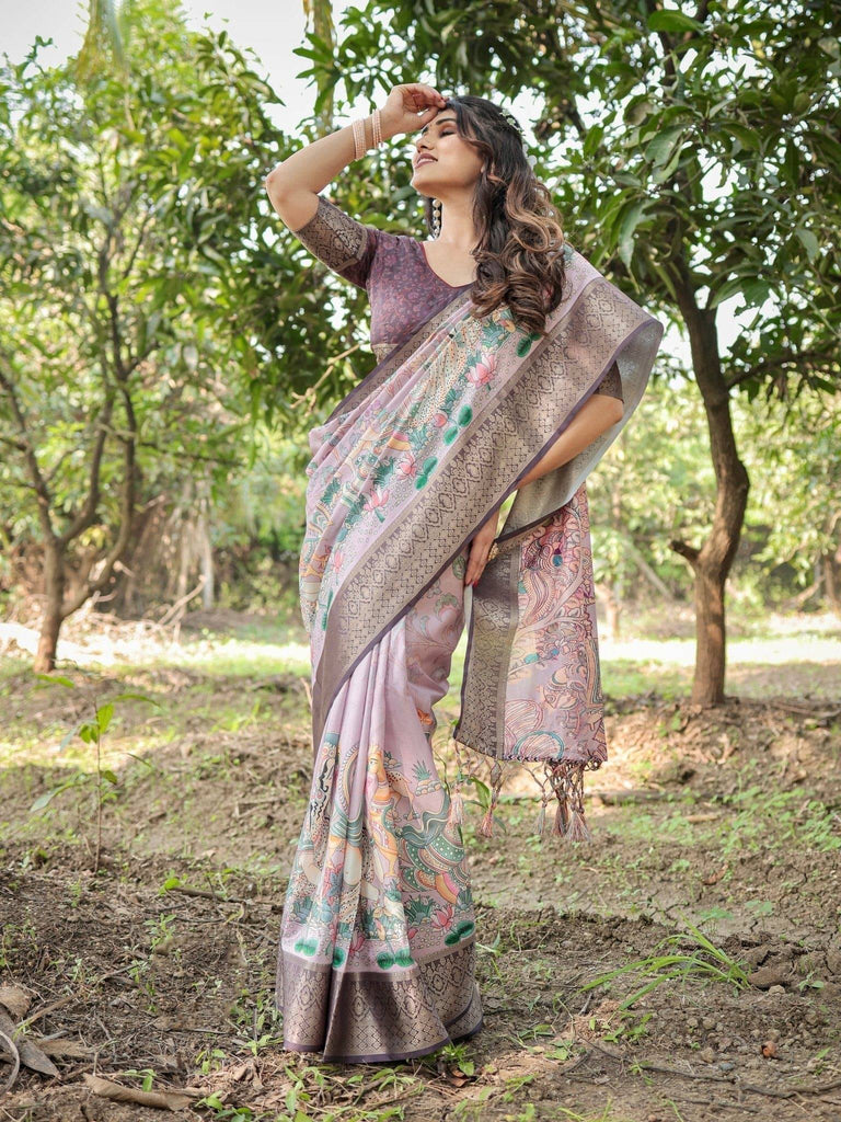 Lilac and Purple Digital Print Tussar Silk Saree with Zari Diamond Border and Lotus Motif Pallu DIGITAL PRINT