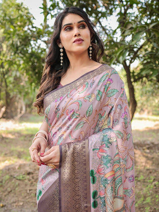 Lilac and Purple Digital Print Tussar Silk Saree with Zari Diamond Border and Lotus Motif Pallu DIGITAL PRINT