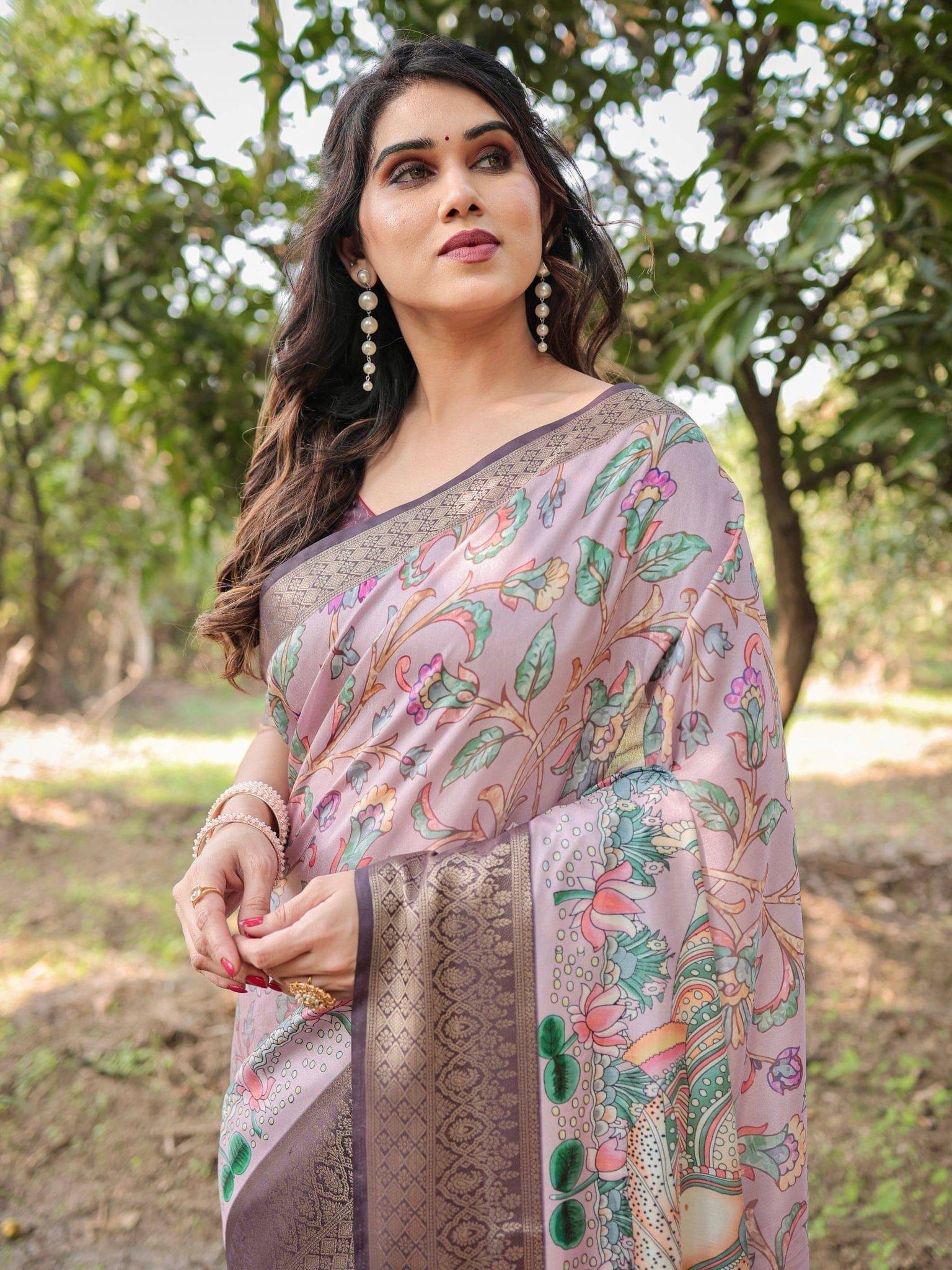 Lilac and Purple Digital Print Tussar Silk Saree with Zari Diamond Border and Lotus Motif Pallu DIGITAL PRINT