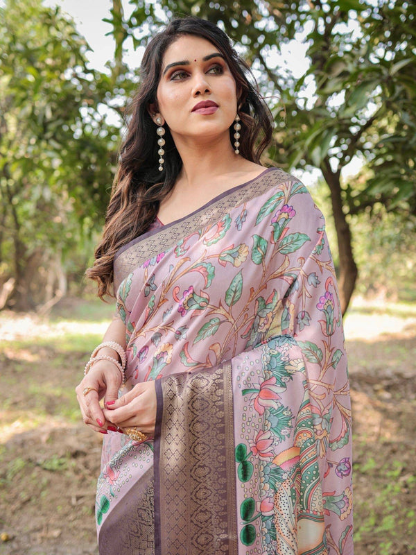 Lilac and Purple Digital Print Tussar Silk Saree with Zari Diamond Border and Lotus Motif Pallu DIGITAL PRINT