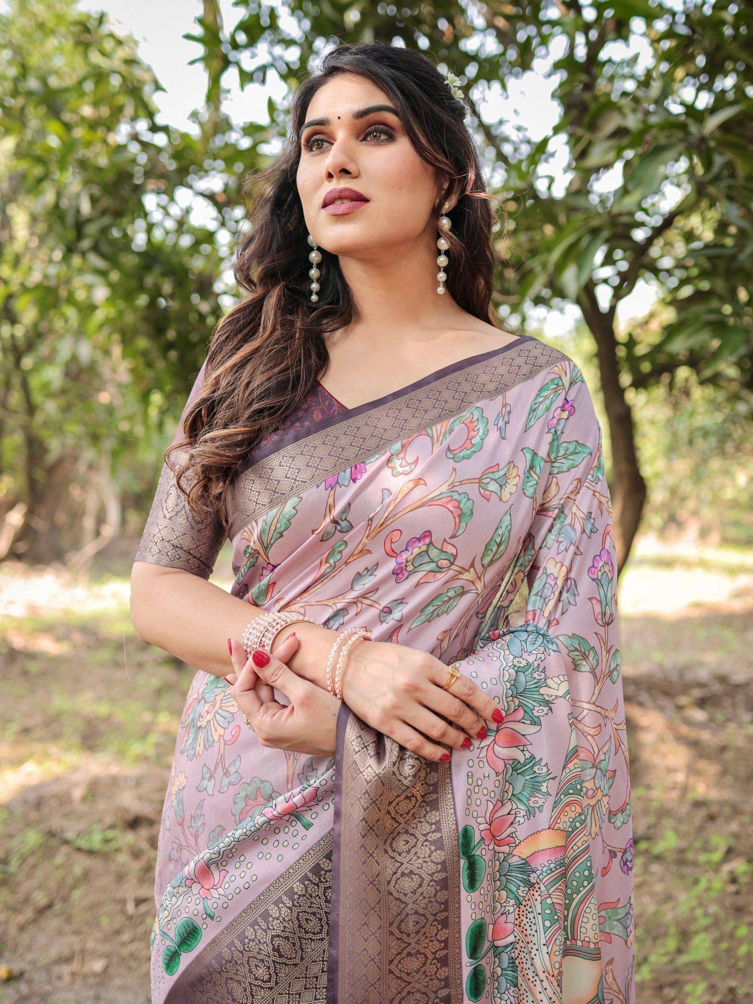 Lilac and Purple Digital Print Tussar Silk Saree with Zari Diamond Border and Lotus Motif Pallu DIGITAL PRINT