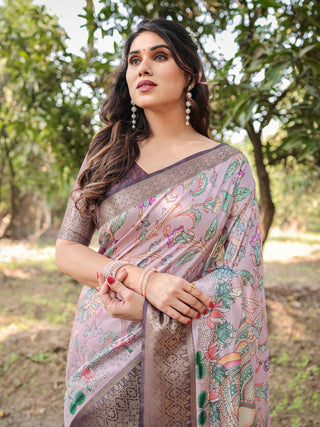 Lilac and Purple Digital Print Tussar Silk Saree with Zari Diamond Border and Lotus Motif Pallu DIGITAL PRINT