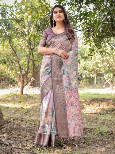 Lilac and Purple Digital Print Tussar Silk Saree with Zari Diamond Border and Lotus Motif Pallu DIGITAL PRINT