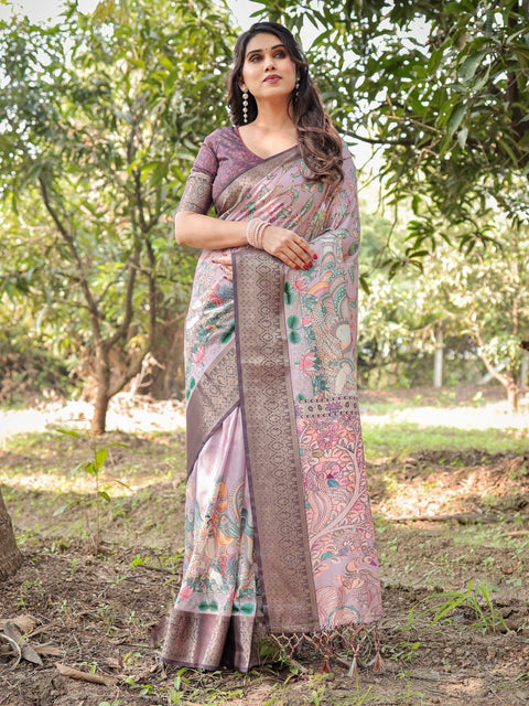 Lilac and Purple Digital Print Tussar Silk Saree with Zari Diamond Border and Lotus Motif Pallu DIGITAL PRINT Main image