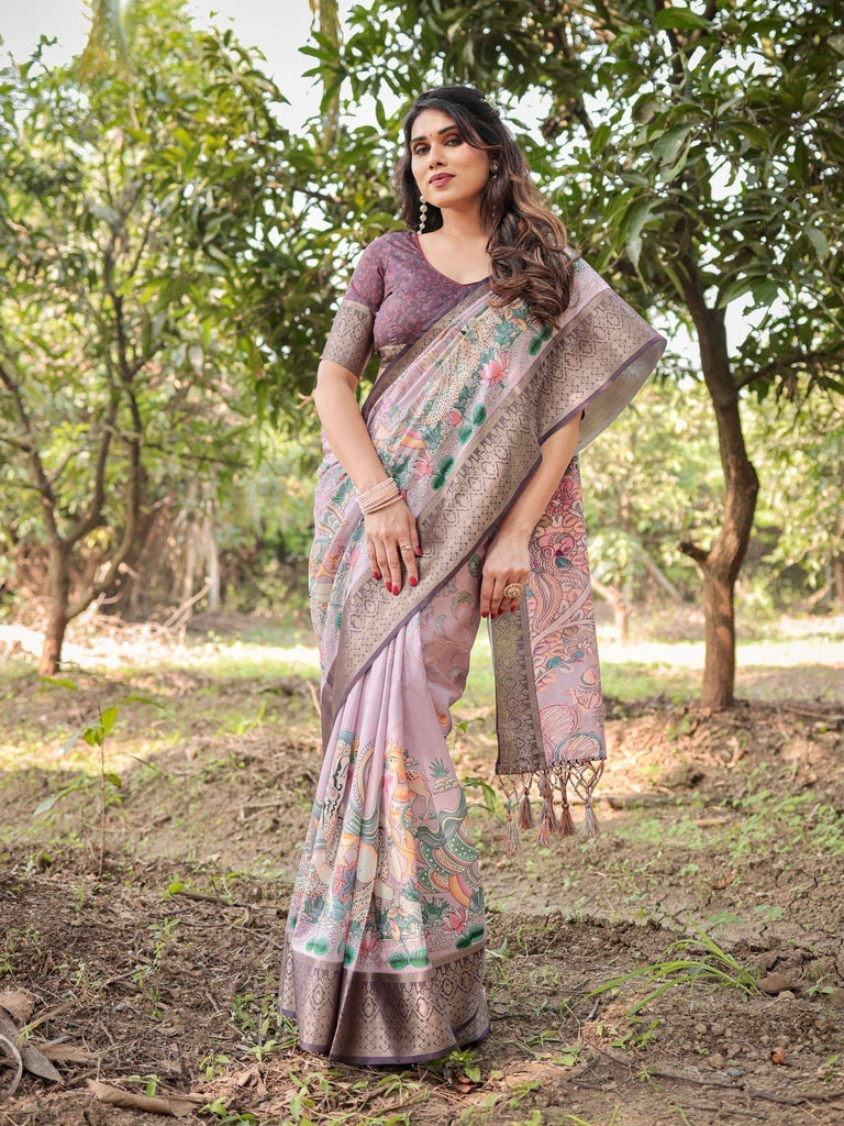 Lilac and Purple Digital Print Tussar Silk Saree with Zari Diamond Border and Lotus Motif Pallu DIGITAL PRINT