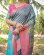Load image into Gallery viewer, Pastel Grey and Turquoise Digital Print Tussar Silk Saree with Pink Zari Border and Peacock Motif Pallu DIGITAL PRINT