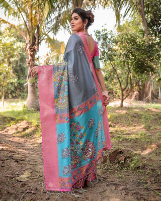 Pastel Grey and Turquoise Digital Print Tussar Silk Saree with Pink Zari Border and Peacock Motif Pallu DIGITAL PRINT