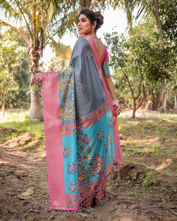 Pastel Grey and Turquoise Digital Print Tussar Silk Saree with Pink Zari Border and Peacock Motif Pallu DIGITAL PRINT