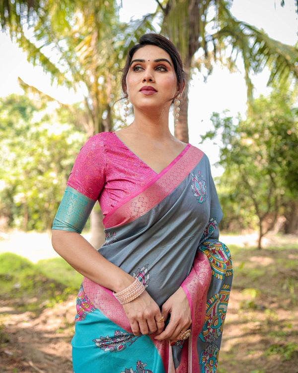 Pastel Grey and Turquoise Digital Print Tussar Silk Saree with Pink Zari Border and Peacock Motif Pallu DIGITAL PRINT