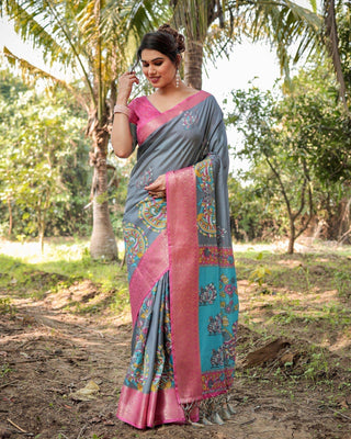 Pastel Grey and Turquoise Digital Print Tussar Silk Saree with Pink Zari Border and Peacock Motif Pallu DIGITAL PRINT