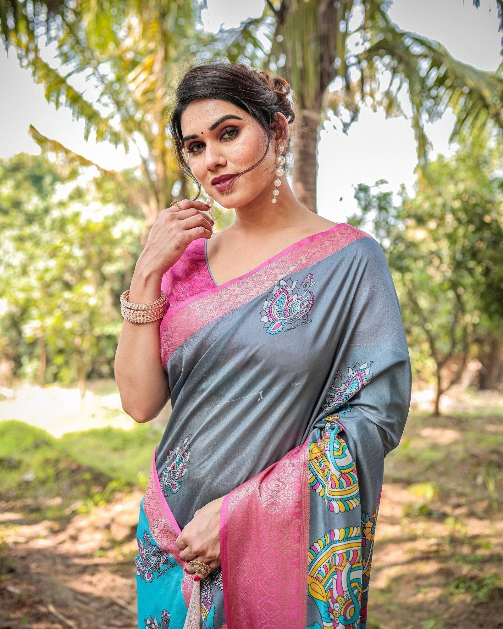 Pastel Grey and Turquoise Digital Print Tussar Silk Saree with Pink Zari Border and Peacock Motif Pallu DIGITAL PRINT