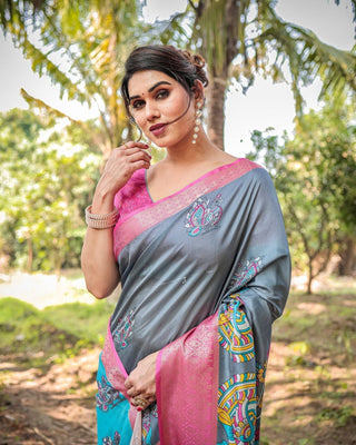 Pastel Grey and Turquoise Digital Print Tussar Silk Saree with Pink Zari Border and Peacock Motif Pallu DIGITAL PRINT