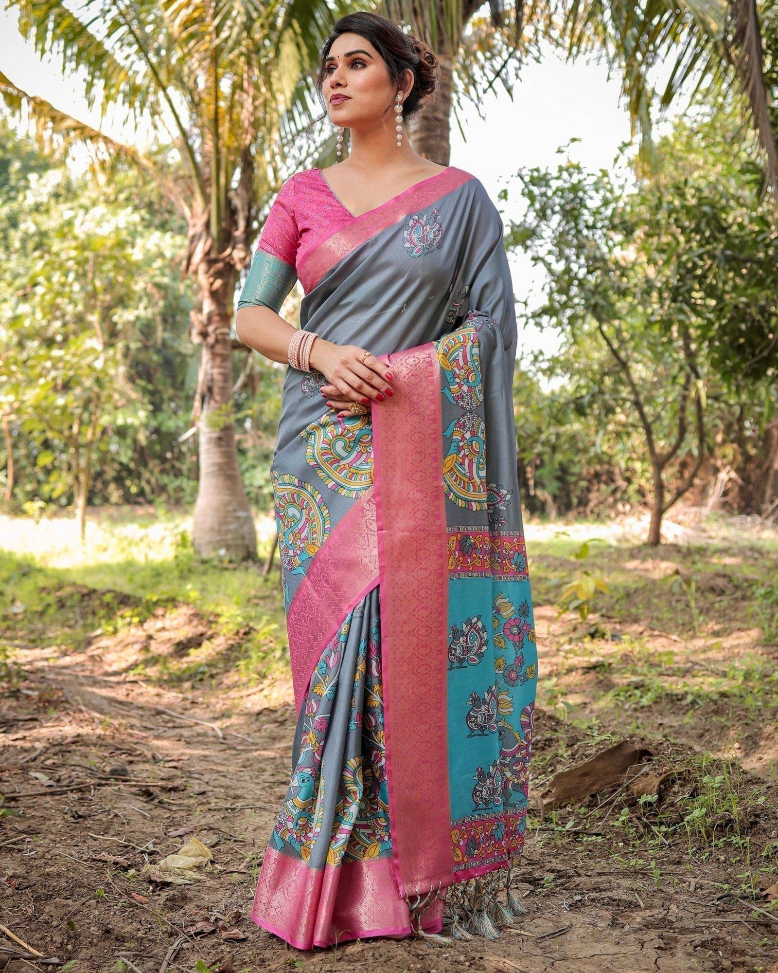 Pastel Grey and Turquoise Digital Print Tussar Silk Saree with Pink Zari Border and Peacock Motif Pallu DIGITAL PRINT