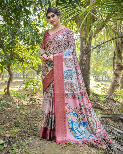 Blush Pink Digital Print Tussar Silk Saree with Zari Border and Peacock Motif Pallu DIGITAL PRINT