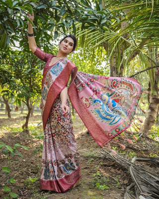 Blush Pink Digital Print Tussar Silk Saree with Zari Border and Peacock Motif Pallu DIGITAL PRINT