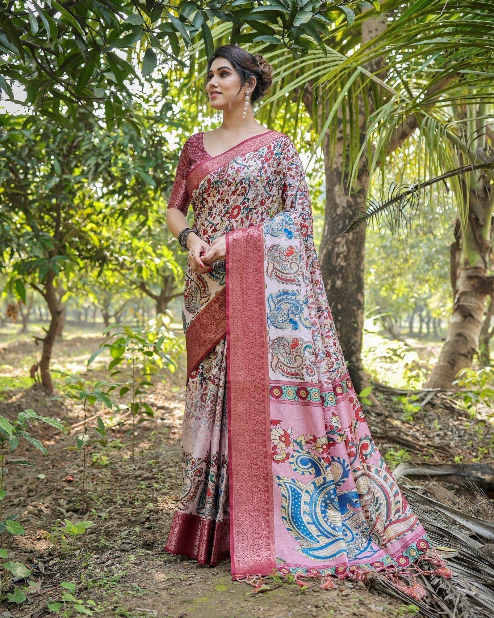 Blush Pink Digital Print Tussar Silk Saree with Zari Border and Peacock Motif Pallu DIGITAL PRINT