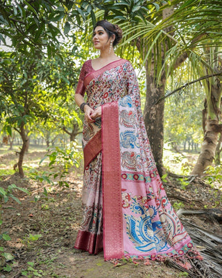 Blush Pink Digital Print Tussar Silk Saree with Zari Border and Peacock Motif Pallu DIGITAL PRINT