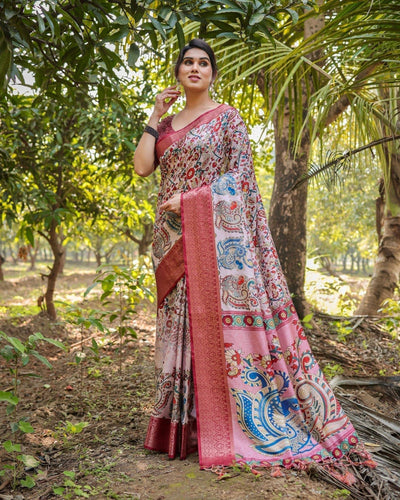 Blush Pink Digital Print Tussar Silk Saree with Zari Border and Peacock Motif Pallu DIGITAL PRINT